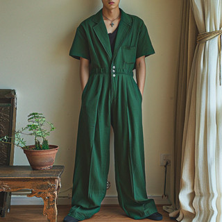 Incerun 男士韓版休閒西裝領短袖純色寬鬆連身褲