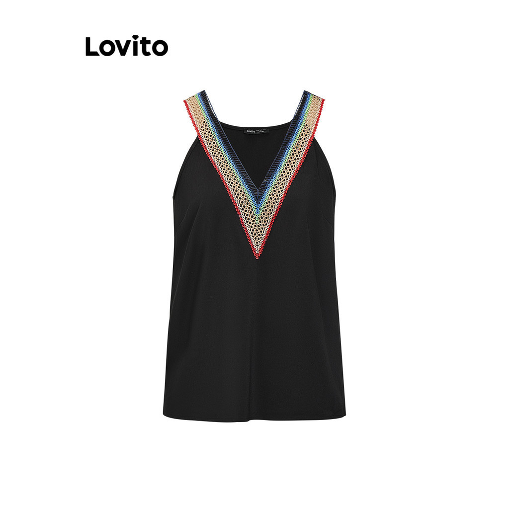 Lovito 女休閒素色撞色細肩帶背心 LSA02025