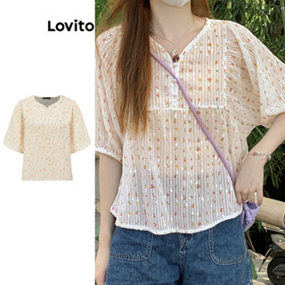Lovito可愛小碎花鈕扣質感好紐帶裝飾女式襯衫 LBA82016