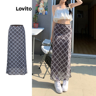 Lovito 女士休閒格紋蕾絲圖案短裙 L85AD115