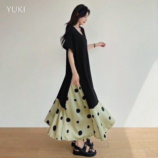 【Yuki】氣質時髦洋裝 L-3XL胖mm大尺碼短袖洋裝 女裝遮肚顯瘦淑女裙子 韓版設計感百搭連身T恤裙 撞色設計感長裙