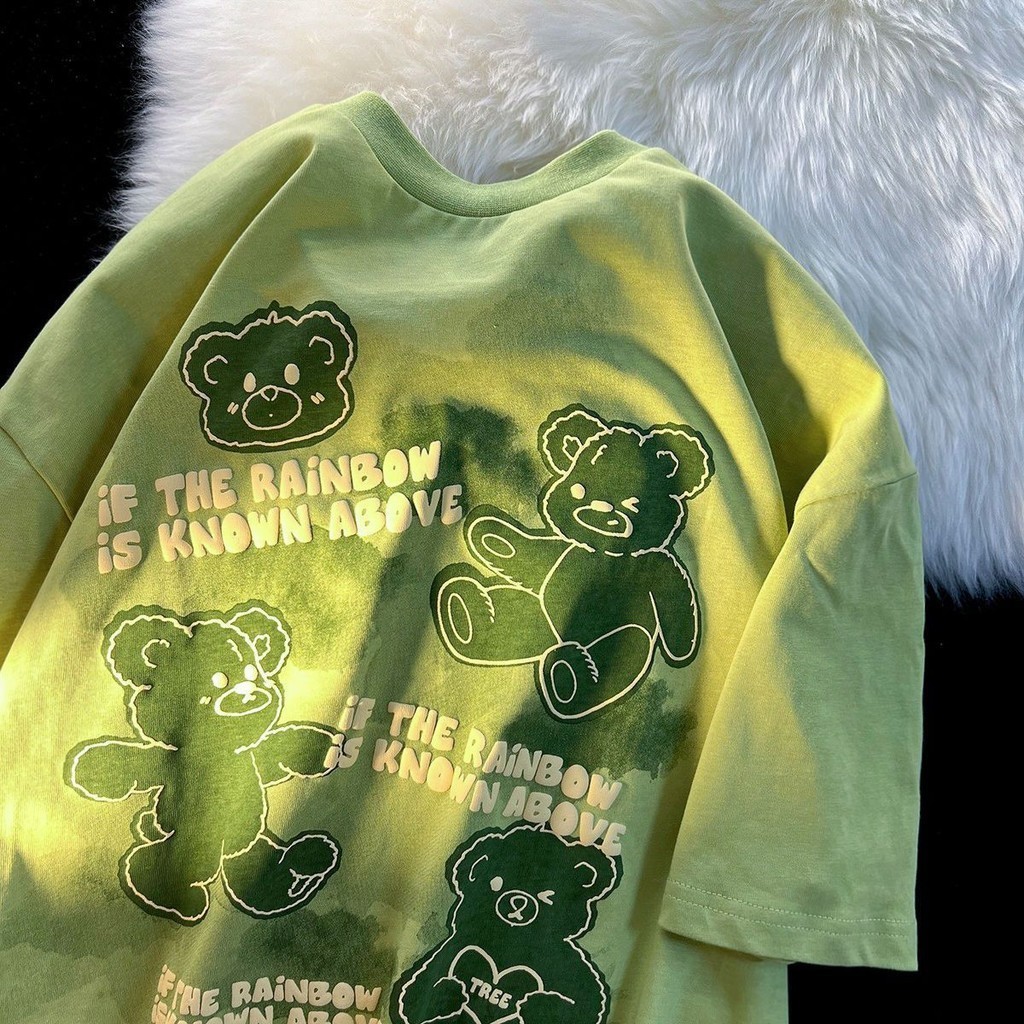 特大尺碼300斤酪梨綠色小熊情侶裝夏季新款短袖T恤女甜辣上衣女潮