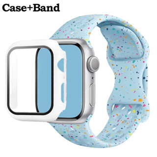 矽膠錶帶+pc 錶殼保護套彩色顆粒錶帶手鍊相容 Apple Watch 42mm 45mm 44mm 41mm IWat