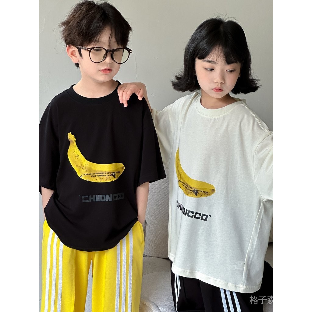 童T恤2024夏男女童韓版香蕉印花上衣兒童圓領休閒寬鬆短袖