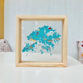 香港地圖透明玻璃木框 (中/英)