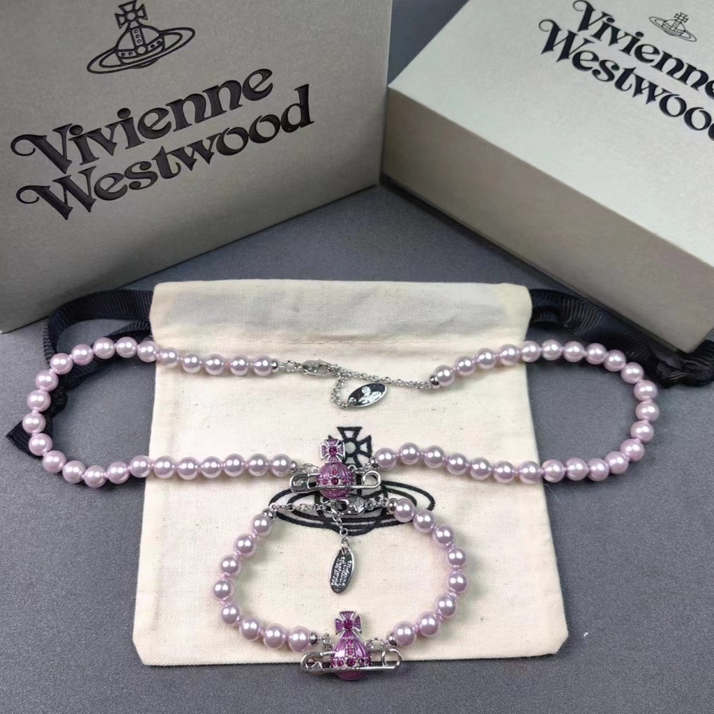 Vivienne Westwood 紫色搪瓷琺琅別針土星珍珠手鍊項鍊女鎖骨鏈耳環套裝