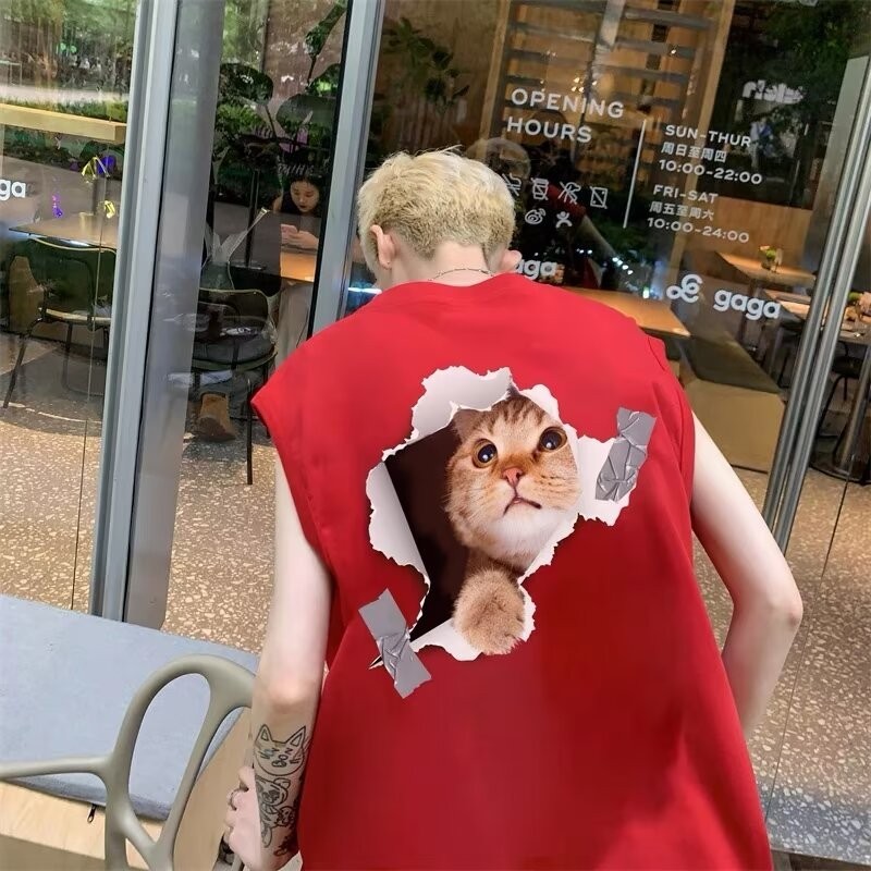 【加大碼 M-5xl】男士背心套頭衫超大背心加大碼背心男士服裝復古可愛卡通貓印花背心超大無袖青年 T 恤