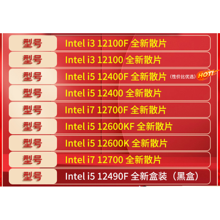 現貨 英特爾i5 12400F/12490F/12600KF/12700KF/12100/12400散片CPU