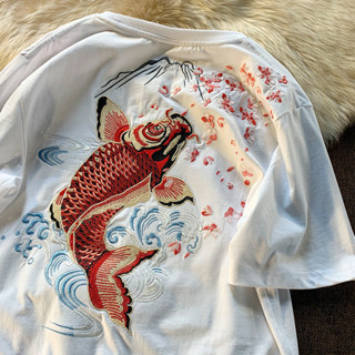 2022夏季國潮中國風刺繡鯉魚短袖T恤寬鬆民族風短袖男女短袖上衣