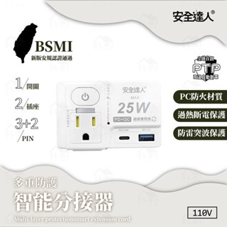 【首創PTP高溫自動斷電分接器】延長線 25W 安全快充 插座 防火 防護蓋 PD快充 USB插座 3P 插頭 分接器