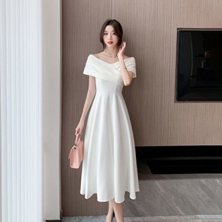 evening dress 高階 禮服裙 一字領晚禮服高階輕奢小個子小眾法式訂白色領證登記小白裙通勤 現貨3/27