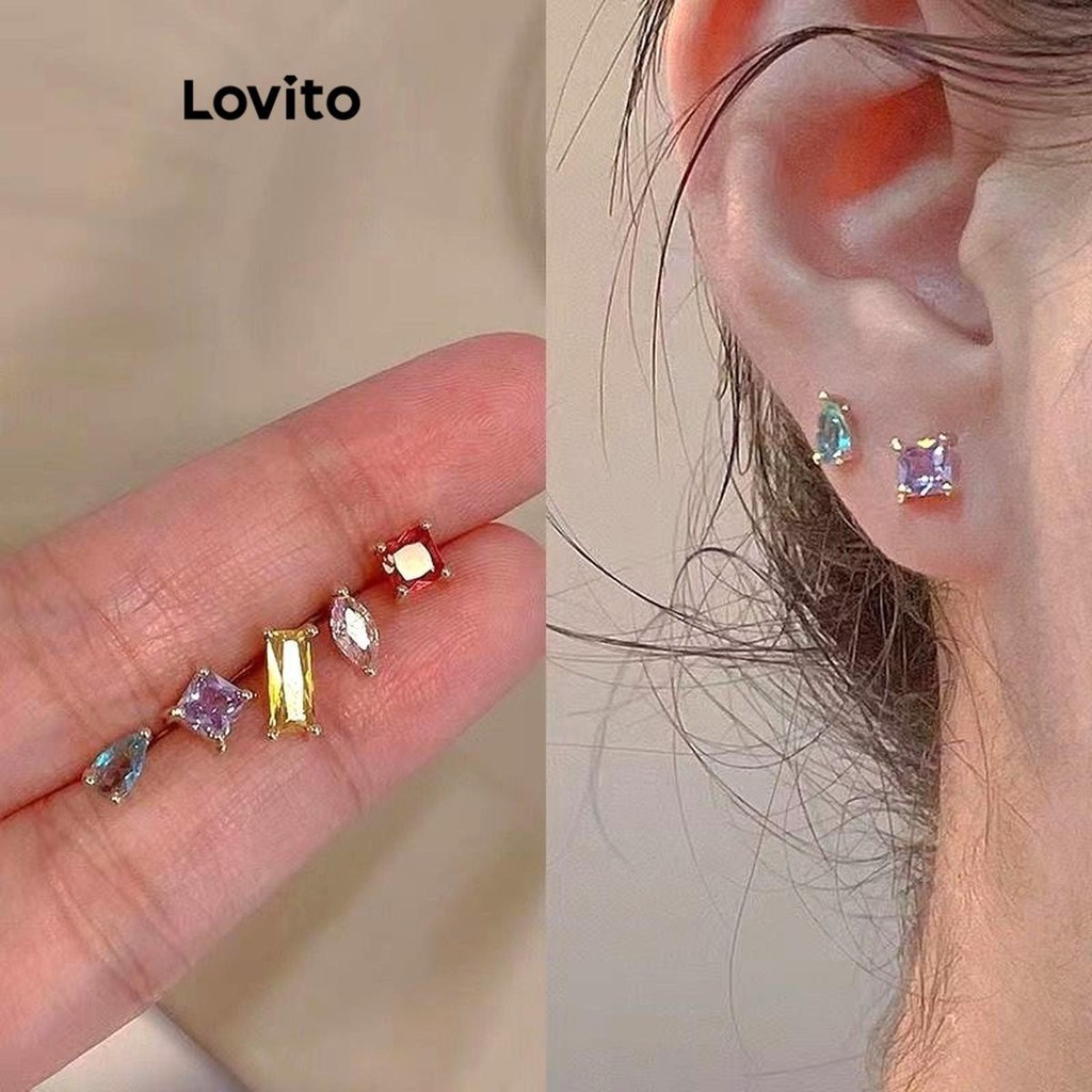 Lovito 休閒素色不對稱S925彩鑽時尚女裝耳環 LFA21401