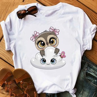 foao888現貨cute owl T-shirt夏季可愛貓頭鷹大尺碼寬鬆短袖T恤女圓領上衣大尺碼