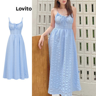Lovito女士素色提花抽繩荷葉邊洋裝 L80ED386