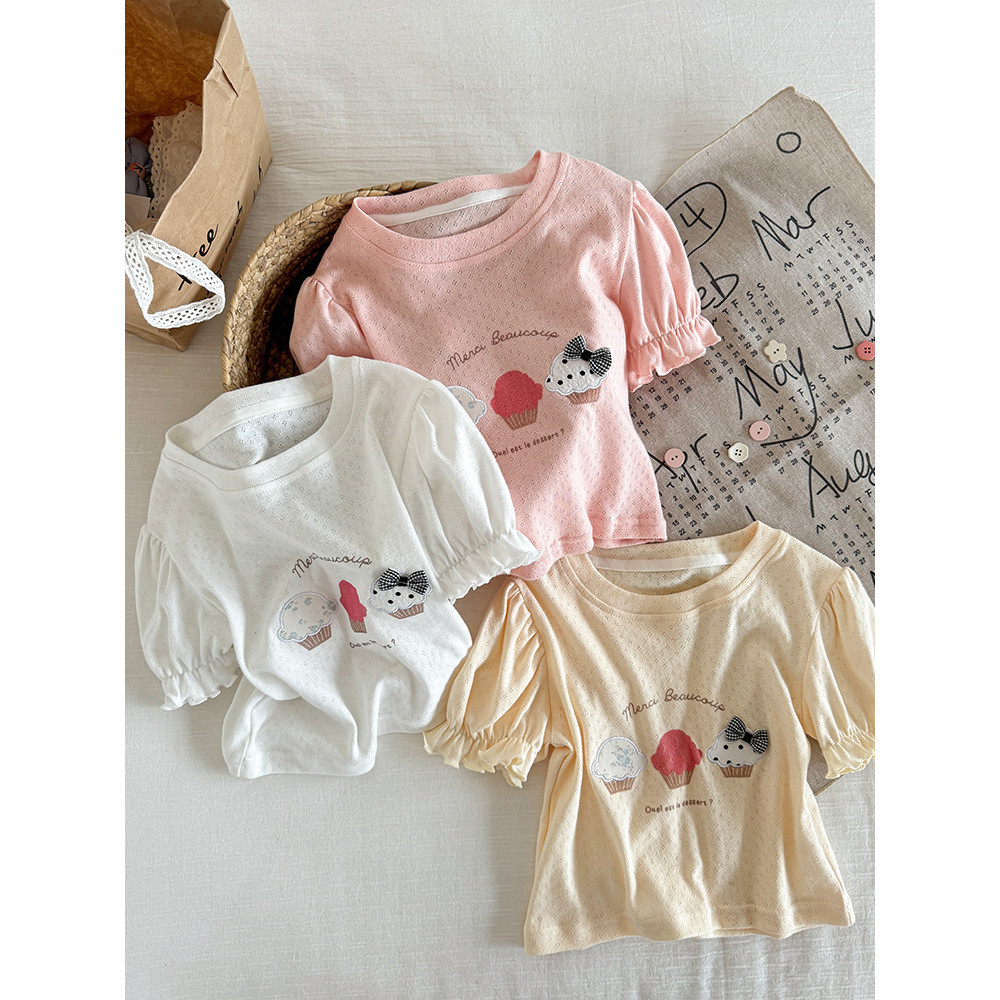 ✨HIKIDS✨女童夏款短袖T恤 2024新款韓版洋氣可愛風粉蛋糕繡花T恤