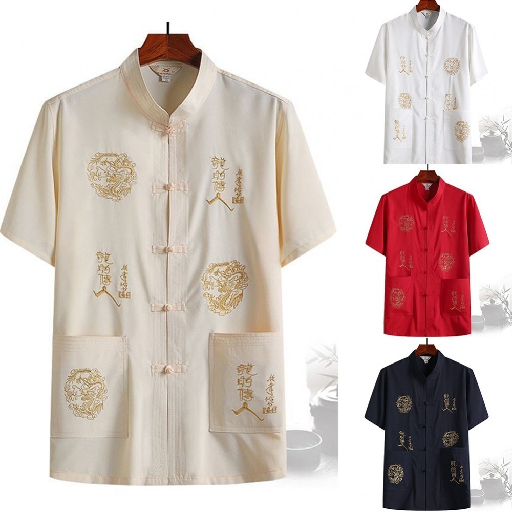 中國傳統男士襯衫套裝加大碼短袖旗袍上衣
