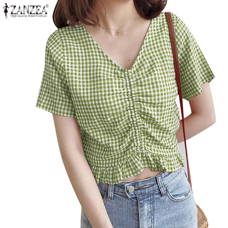 Zanzea 女式韓版休閒 V 領格子印花短袖襯衫