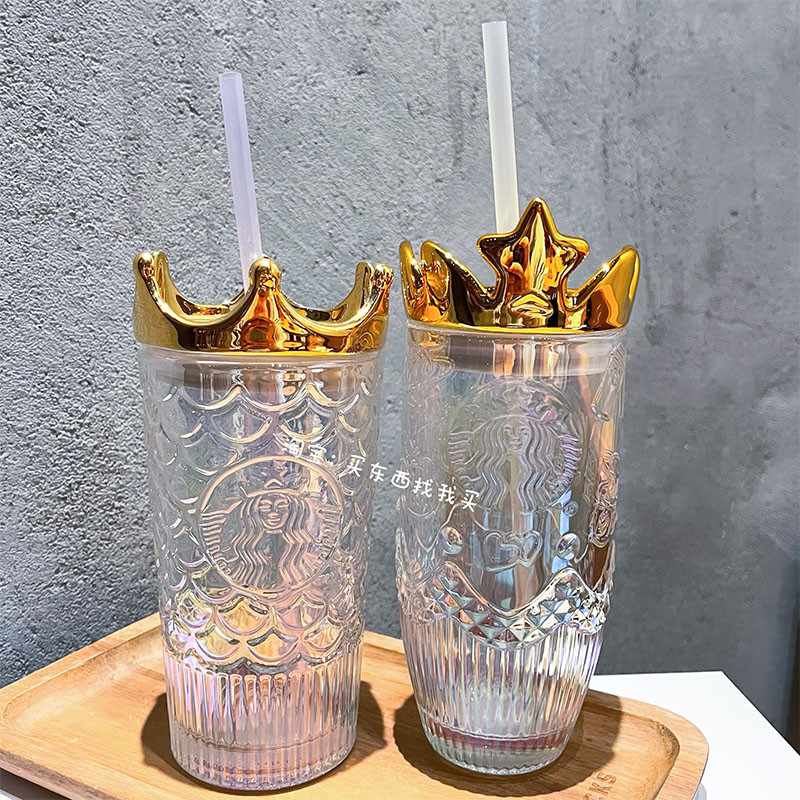 星巴克杯子2021年情人節禮物魚鱗漸變幻彩皇冠立體浮雕玻璃吸管杯