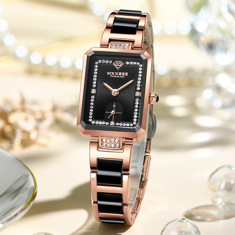 麥施手錶女輕奢復古長方型腕錶小巧簡約防水百搭陶瓷防水女士手錶