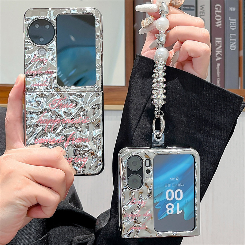Oppo Find N2 N3 Flip Wrinkle 電鍍粉色英文手環硬 TPU 手機殼折疊手機殼
