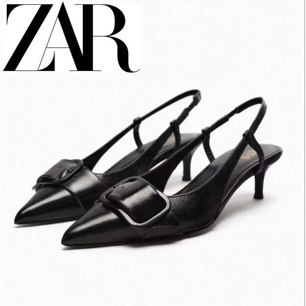 zara2023夏季新款女鞋黑色細跟方扣牛皮革露跟貓跟鞋尖頭歐美高跟鞋