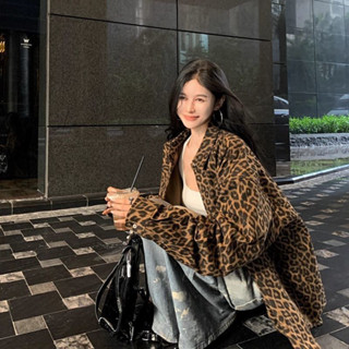 【店鋪熱銷】複古翻領豹紋長袖襯衣女春季新款寬鬆中長款襯衫高級感上衣外套潮
