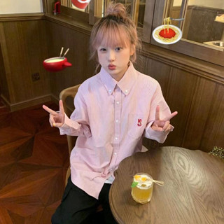 限時下殺🚀🚀✨【4706人收藏】粉色polo領氣質條紋襯衫女春秋高階感小個子學生寬鬆長袖襯衣外套