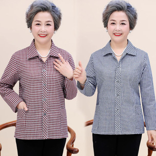 【現貨】中老年女春秋裝薄款長袖格子襯衫50-60-70歲奶奶裝襯衫婆婆上衣3.27ty