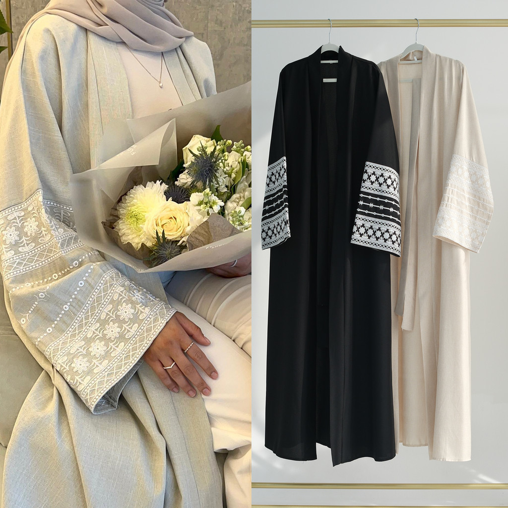 2024齋月亞麻布刺繡亞麻布打開阿巴亞婦女長袍穆斯林長袍阿巴亞婦女穆斯林服裝伊斯蘭服裝