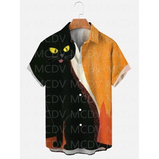 男式女式黑貓萬聖節藝術休閒 3D 打印夏威夷襯衫男式
