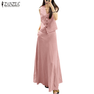 Zanzea 女式韓版休閒 V 領無袖鈕扣寬鬆上衣裙套裝