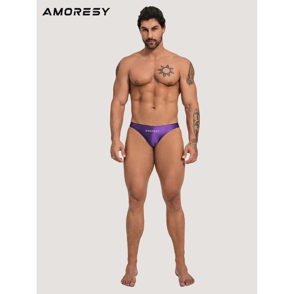 【光澤泳衣】AMORESY Oceanus系列氨綸男士素色超低腰性感運動舒適丁字泳褲