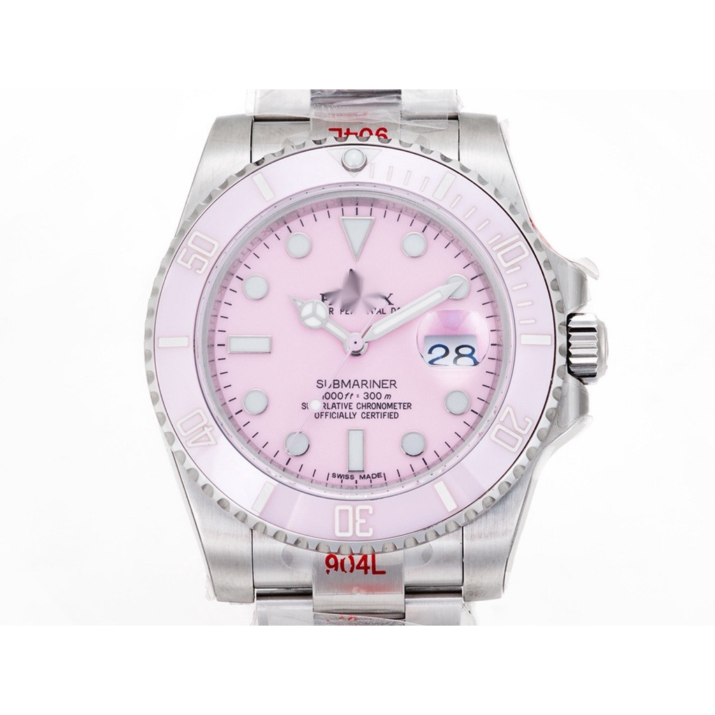 時尚男士手錶勞力家 奢華男士自動機械錶 運動休閒 水鬼 可愛粉色錶盤 精緻不鏽鋼錶帶，