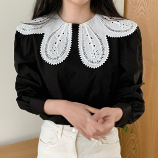 上衣 韓國chic復古個性不規則領花長袖襯衫們甲針織得 4NLE