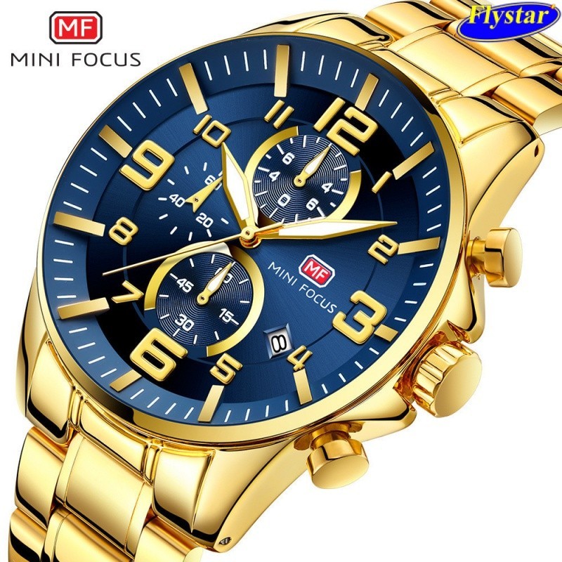 MINI FOCUS黃金手錶 大表盤男表中東夜光防水手錶鋼帶男手錶0278G