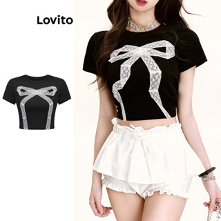 Lovito 女士休閒素色蕾絲 T 恤 L88AD089