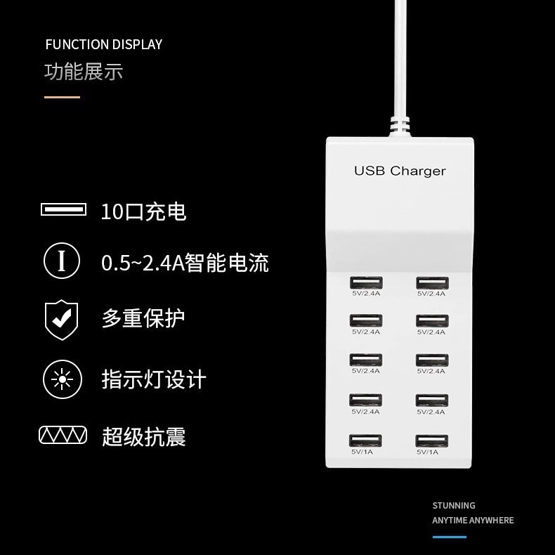 台灣出貨 2025年抖音爆款 10口快速多口USB充電器 USB-C 適用於安卓蘋果手機 快速充電 多孔插頭