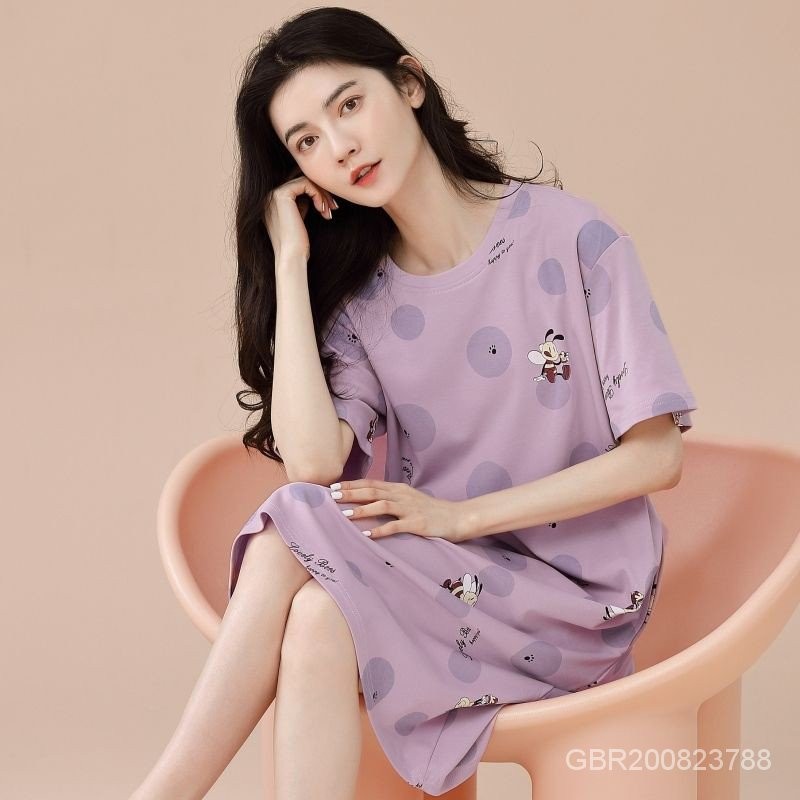 日系森林系 睡裙 女 夏季 睡衣女 純棉 短袖薄卡通夏天洋裝 家居服 睡衣