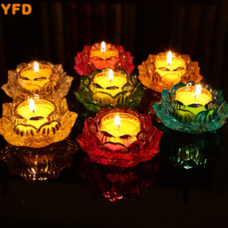 YFD 七彩水晶琉璃蓮花燈座酥油燈蠟燭臺供佛燈長明燈佛前佛具用品燈座