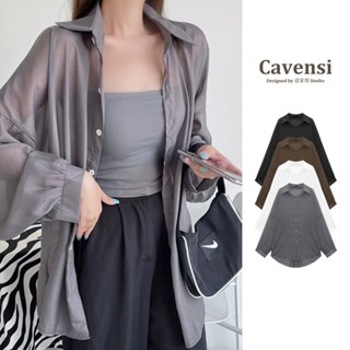 【Cavensi】春夏新品 M-4XL 大尺碼套裝 百搭雪紡紗透膚長袖罩衫+胸墊背心 透膚襯衫 防曬襯衫 罩衫 A236