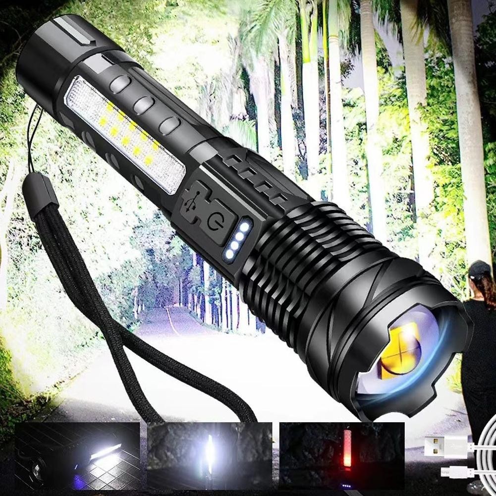 Led 手電筒可縮放側燈 USB 可充電超亮 Cree XHP50 戰術手電筒