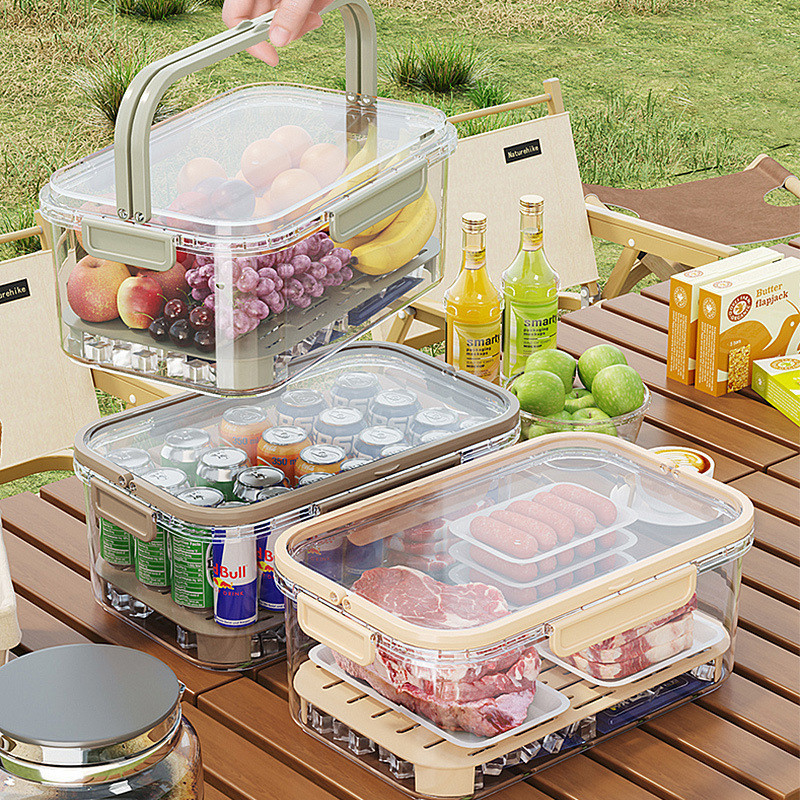 新款   現貨   食品級手提  保鮮盒   塑膠  手提戶外野餐盒   大長方形  冰箱收納  密封盒  冷藏