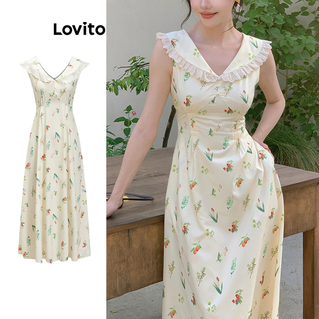 Lovito 女士休閒碎花蕾絲圖案連身裙 L82AD148