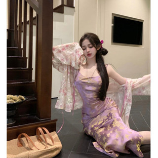 大尺碼胖mm新中式輕國風紫色提花吊帶洋裝女夏季氣質茶歇法式小外套