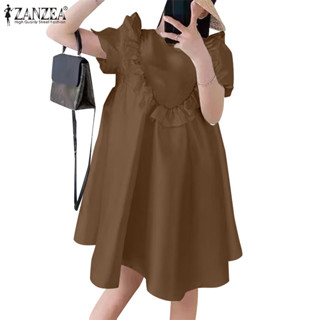 Zanzea 女式韓版時尚圓領短袖荷葉邊拼接連衣裙