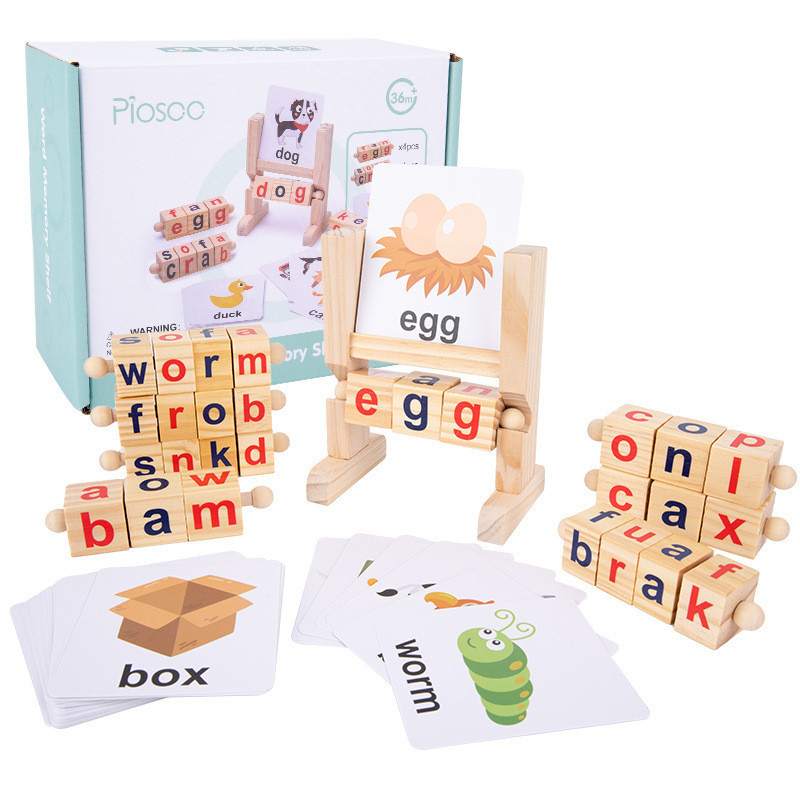 木製轉動玩具 旋轉字母拼圖 閱讀積木 短元音棒拼積木 寫單詞學習用品