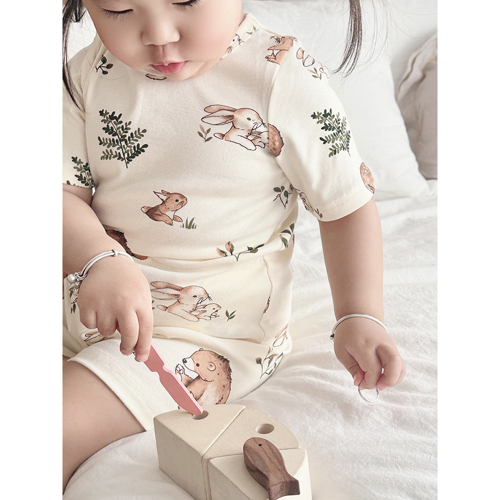 2024夏款韓國兒童睡衣北歐風兒童家居服純棉短袖寶寶睡衣套裝