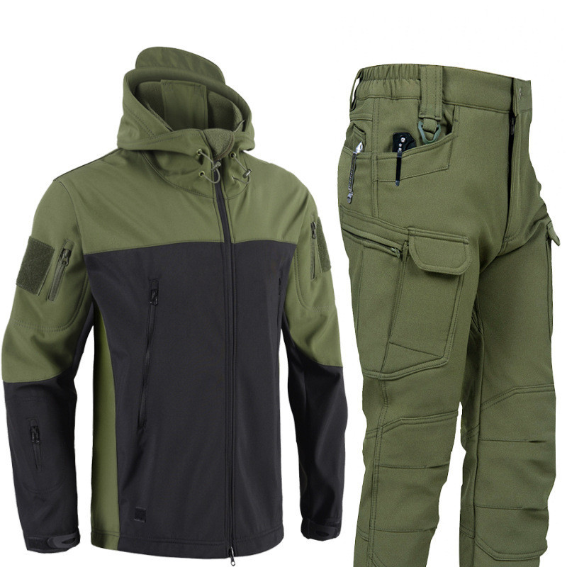 冬季男士拼接保暖衣套裝戶外防水軟殼登山外套+褲子套裝