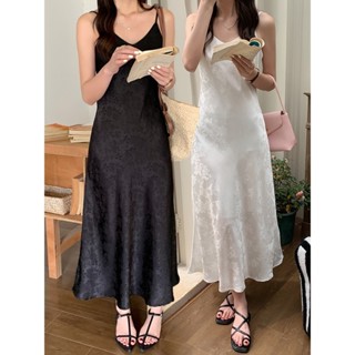 【桃喜Rich現貨】大碼洋裝 M-4XL 法式緞面洋裝 吊帶連衣裙女 韓系穿搭夏季高階感醋酸提花裙子 顯瘦氣質長裙