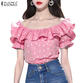 Zanzea 女式韓版甜美船領圓點荷葉邊袖上衣襯衫